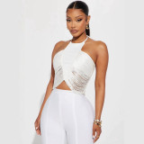 New European and American cross-border fashion sexy halter neck strap irregular tassel short backless top for women
