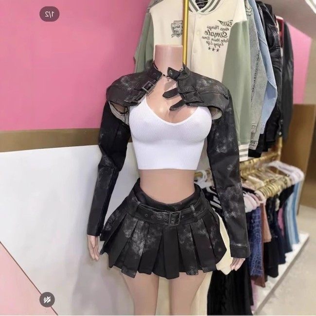 1296 Vintage leather jacket and skirt set retro hot girl leather jacket and skirt