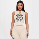 Cross-border European and American summer new fashion V-neck printed sleeveless tank top and slim-fit hip-lifting long pants set