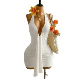 Cross-border European and American summer new fashion sexy deep V-neck halter neck ruched bodycon short dress for women