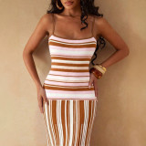 New European and American cross-border fashion sexy strapless color-block striped backless knitted long dress for women