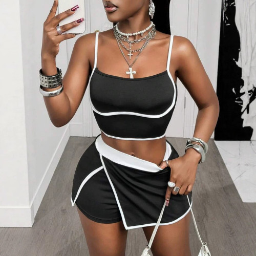 Cross-border European and American summer new fashion casual sports color-blocked striped tank top and bodycon short skirt set