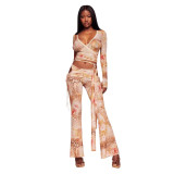 Cross-border European and American summer new fashion sexy V-neck printed tie slim-fit long pants suit for women
