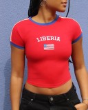 Cross-border European and American foreign trade wholesale INS letter country embroidered women's short-sleeve tight-fitting top