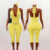Cross-border European and American summer new fashion sexy halter neck metal buckle open back jumpsuit women's clothing