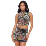 1335 Printed Mock Neck Tank and Pencil Skirt Set