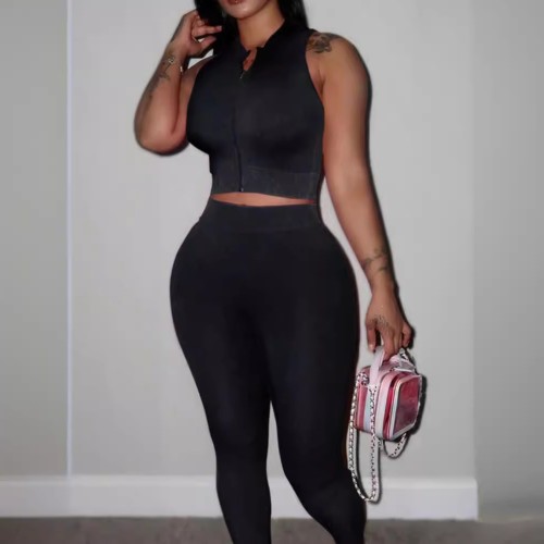 FC1230 European and American cross-border yoga wear, zippered short vest and long pants fashion two-piece set, black, African style
