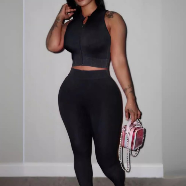 FC1230 European and American cross-border yoga wear, zippered short vest and long pants fashion two-piece set, black, African style