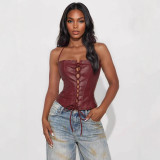 Cross-border European and American style autumn new street sexy hot girl PU leather strapless halter neck slim-fit top for women