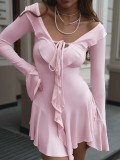 European and American foreign trade spring elegant slim-fit ruffled solid color bell-sleeve tie dress for women wholesale