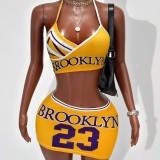 Cross-border European and American summer foreign trade fashion sexy letter print halter neck sleeveless top and skirt set for women
