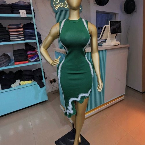 New European and American cross-border fashion asymmetrical wave hem round neck irregular sleeveless knitted dress