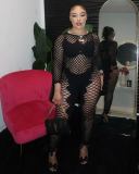 Y225 Sexy Lingerie: European and American Style Long-Sleeve Fishnet Bodysuit with Holes and Hip-Covering Design