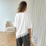 Cross-border European and American summer new fashion simple design lace splicing T-shirt short-sleeve top for women