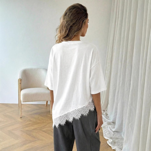 Cross-border European and American summer new fashion simple design lace splicing T-shirt short-sleeve top for women