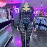 Y500 European and American new style cross-border foreign trade fashion solid color lace see-through hollow-out patchwork slim-fit sexy suit