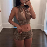 Cross-border European and American summer new fashion stylish personalized halter neck snake print tank top and shorts set