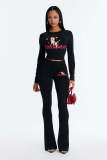 Cross-border European and American spring/summer new fashion casual sports solid color printed anime long-sleeve two-piece women's outfit