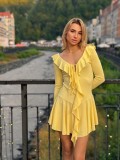 European and American foreign trade spring elegant slim-fit ruffled solid color bell-sleeve tie dress for women wholesale