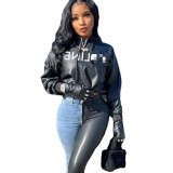 FC1305 European and American fashion cross-border women's street style PU leather loose hooded sweatshirt in black