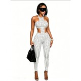 FC1494 European and American cross-border hot girl polka dot milk silk halter neck slim-fit long pants black and white pants set