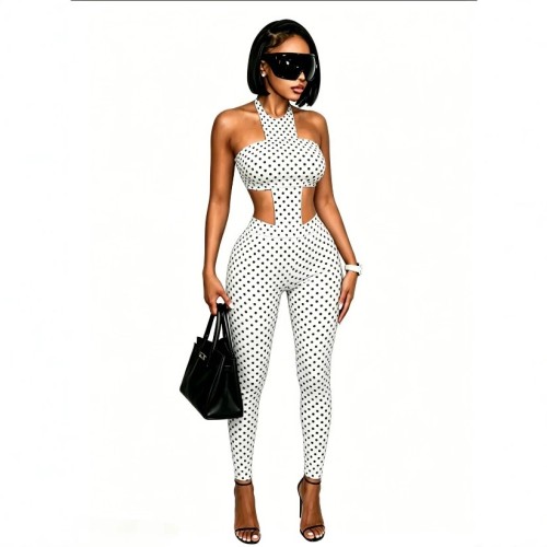 FC1494 European and American cross-border hot girl polka dot milk silk halter neck slim-fit long pants black and white pants set