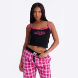 Cross-border European and American summer new fashion casual letter print camisole top and plaid long pants women's outfit