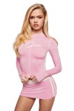 FC1461 European and American cross-border hot girl pink printed slim-fit zip-up long-sleeve top and bodycon skirt two-piece set