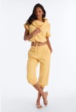 Cross-border European and American summer new casual foreign trade set for women: stacked collar short-sleeve crop top with tie and elastic cropped pants
