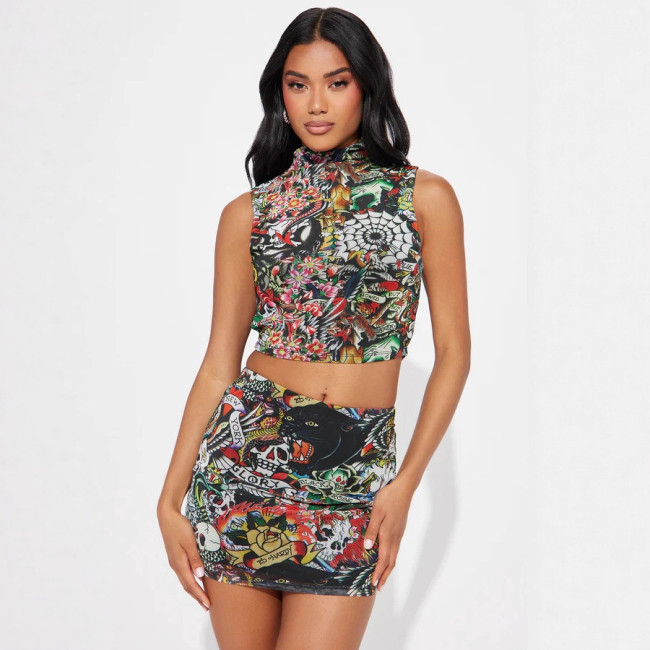 1335 Printed Mock Neck Tank and Pencil Skirt Set