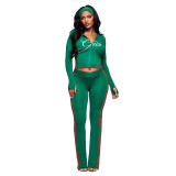 New European and American cross-border fashion casual letter-print zip-up slim-fit jacket and hip-hugging long pants women's outfit