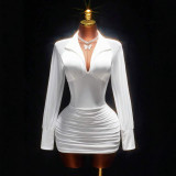 New European and American cross-border fashion solid color long-sleeve slim-fit V-neck ruched bodycon short dress for women