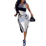 FC1215Y2K Motorcycle Style Digital Print Casual Tank Top Music Festival Tight Dress Black Milk Silk