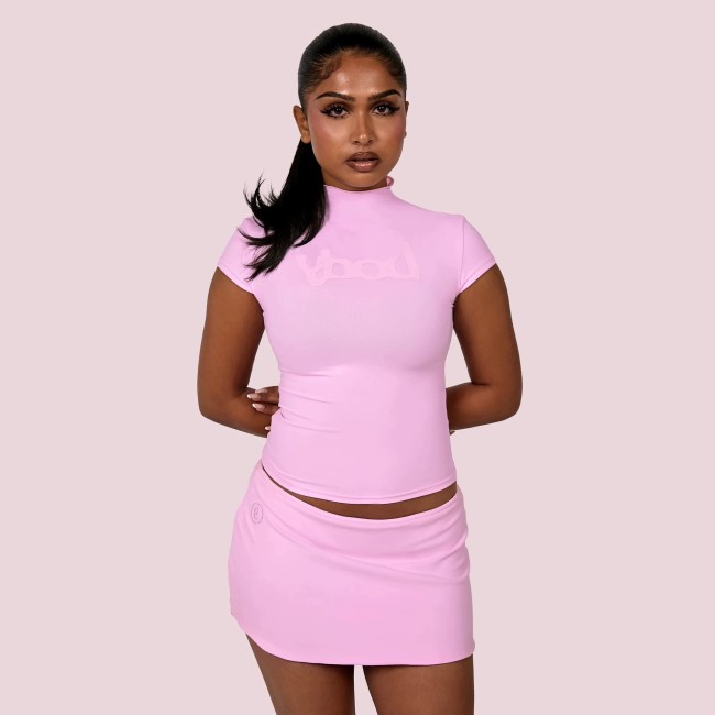 FC1491 European and American cross-border hot girl pink and yellow slim-fit half-high collar solid color short-sleeve top and bodycon skirt casual set