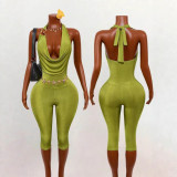 Cross-border European and American summer new fashion sexy halter neck metal buckle open back jumpsuit women's clothing