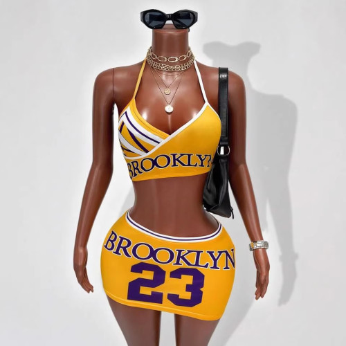 Cross-border European and American summer foreign trade fashion sexy letter print halter neck sleeveless top and skirt set for women