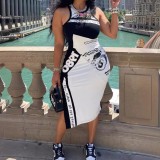 FC1215Y2K Motorcycle Style Digital Print Casual Tank Top Music Festival Tight Dress Black Milk Silk