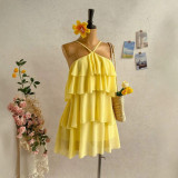 Cross-border European and American summer new foreign trade resort style sexy halter neck tie-back sleeveless ruffle cake dress for women