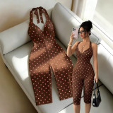 Cross-border European and American summer new fashion sexy deep V-neck halter neck tie-dye printed polka dot backless jumpsuit