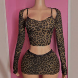 Y601 Women's New Sexy Leopard Print Top with Lace Trim and Bodycon Skirt Set
