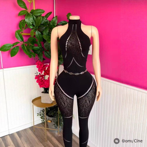 Y300900 European and American cross-border new women's clothing round neck sleeveless hollow high-waisted slim sexy fashion jumpsuit