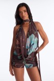 Cross-border European and American summer new fashion sexy deep V-neck halter neck tie jumpsuit for women with scarf