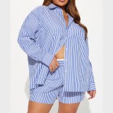 Spring cross-border European and American women's striped long-sleeve button-front short suit with a turn-down collar