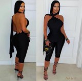 Cross-border European and American summer new fashion sexy solid color sleeveless tie-neck halter backless jumpsuit for women