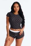 New Valentine's Day Heart Print Contrast Color Basic Slim-Fit Short Sleeve Shorts Casual Home Wear Set for Women