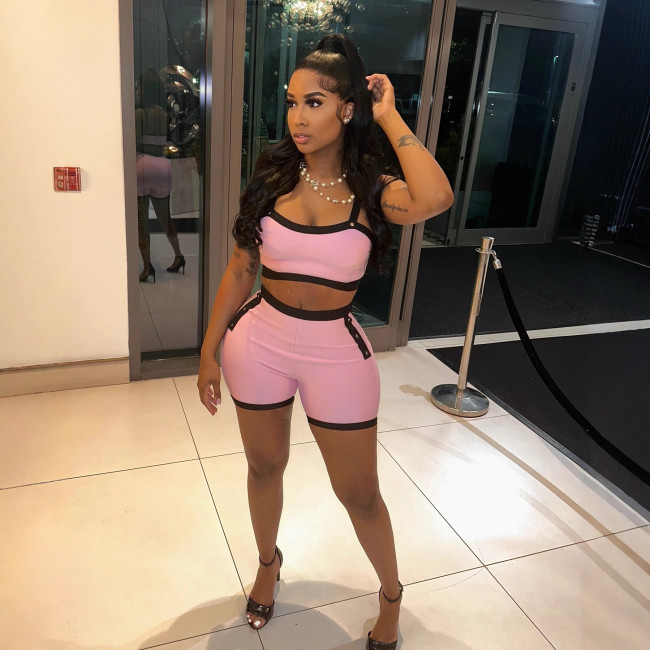 1374 Color-Block Sports Shorts Set, color-blocked fashionable high-waisted sports tight shorts