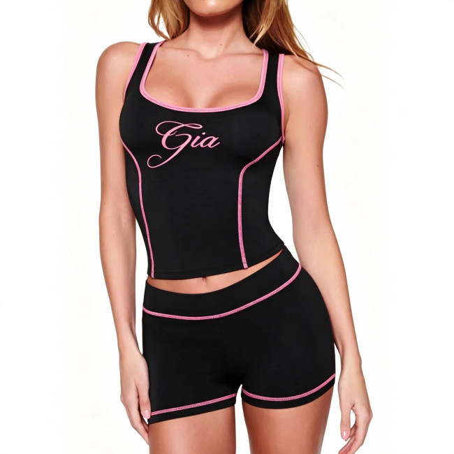 FC1463 European and American style cross-border hot girl black printed slim-fit square-neck tank top and shorts two-piece fashion set for women