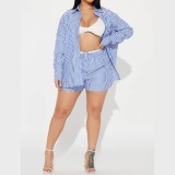 Spring cross-border European and American women's striped long-sleeve button-front short suit with a turn-down collar