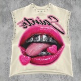 FC1428 European and American cross-border spring and autumn retro lip print studded casual tank top sexy hot girl other short-sleeved tops