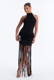 Cross-border European and American foreign trade summer new fashion sexy solid color halter neck backless design tassel dress for women